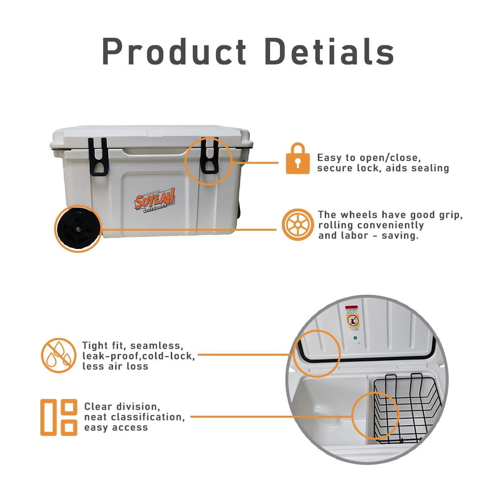 55QT Wheeled Cooler with Food-Grade Liner & Dual-Purpose Hot & Cold for Family Camping Trip/Outdoor Party (White)