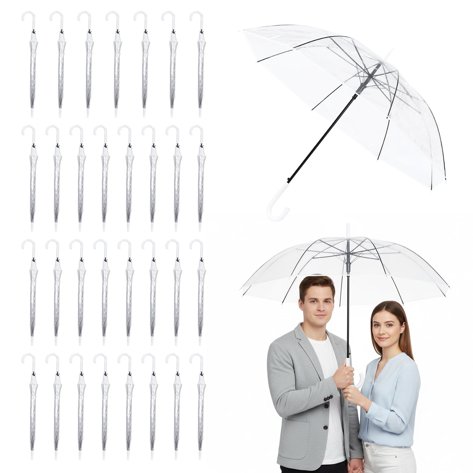 Qiyester 32-Pack Wedding Stick Umbrellas with J Hook Handle Auto Open Clear Umbrellas Bulk for Wedding Bride Groom Photography Golf Outdoor