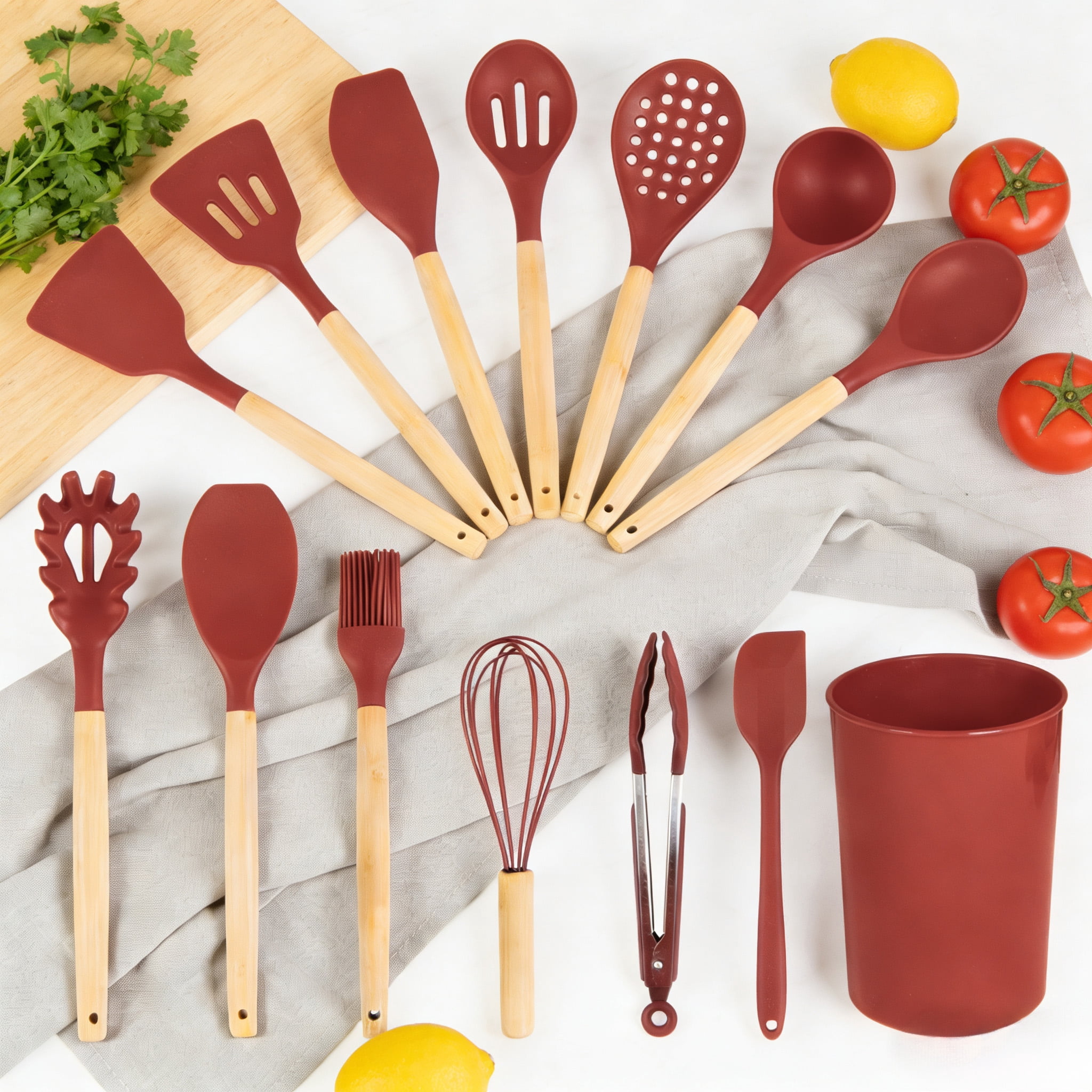Mainstays Bamboo and Silicone Luscious Merlot Gadgets Set, 14 pieces