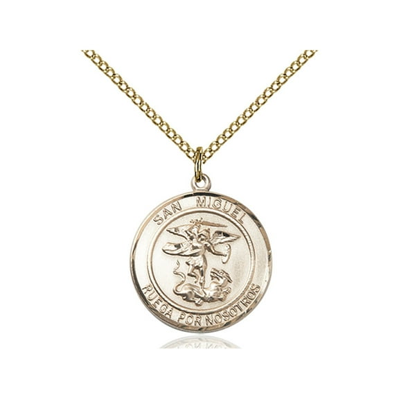 Gold Filled San Miguel Arcangel Pendant 3/4 x 5/8 inches with 18 inch Gold Filled Curb Chain