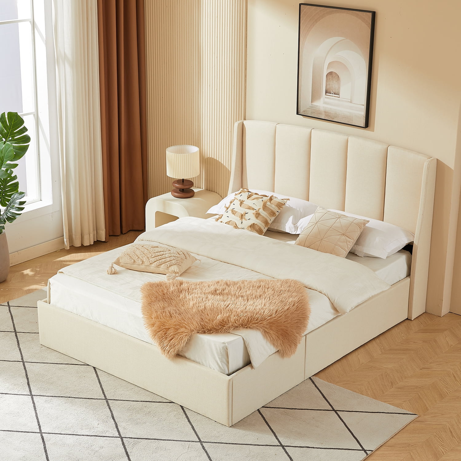 VELOCAVA Queen Upholstered Lift-up Storage Bed with Vertical Channel Wingback Headboard, Beige
