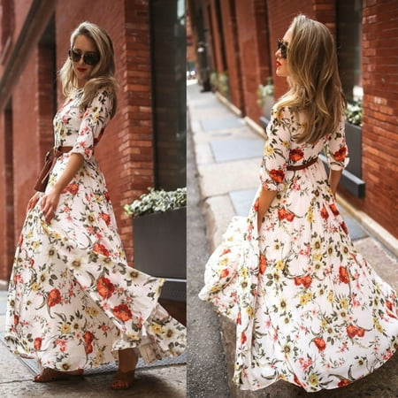 dress vestidos draped shein maxi boho chic sleeve fresh floral lady womens holiday dresses summer