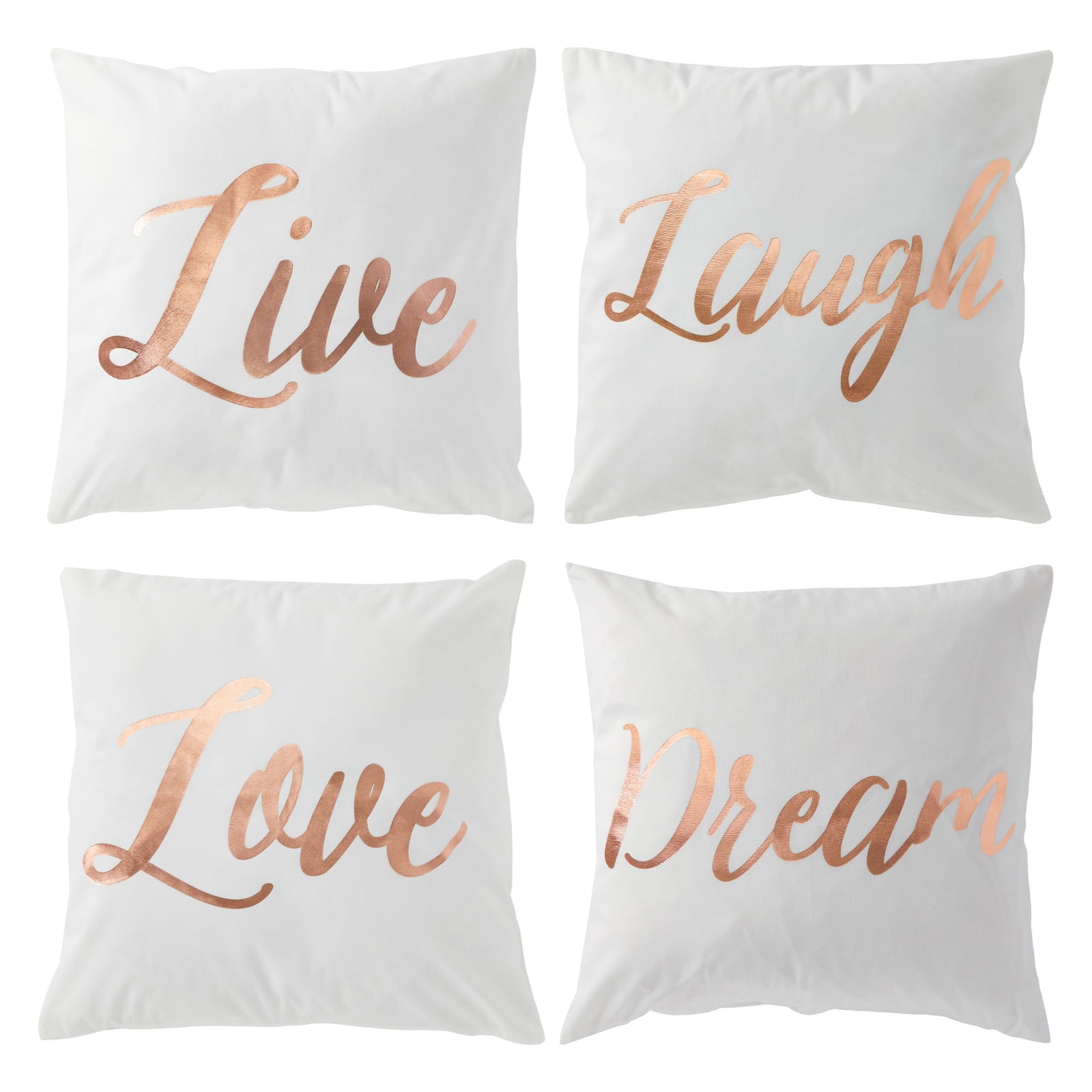 Set of 4 Decorative Throw Pillow Covers, 17x17 White Couch Cushion Cases for Living Room, Rose Gold Foil, Live Laugh Love Dream