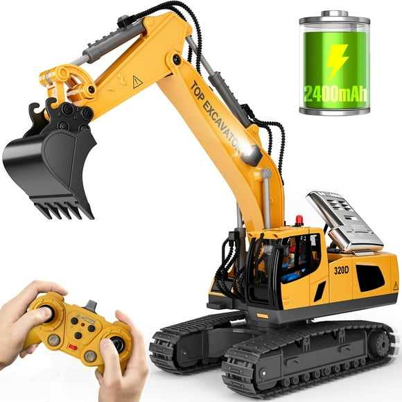 Remote Control Excavator Construction Toys for Boys, 2×1200mAh RC Excavator Toy with Metal Shovel & Light, 11CH Excavator Toys for Boys 3-5 4-7 8-12 Year Old Kids