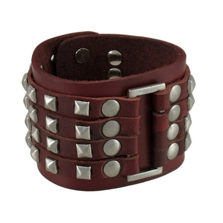 - Brown Leather 4 Row Chrome Pyramid Stud Wristband