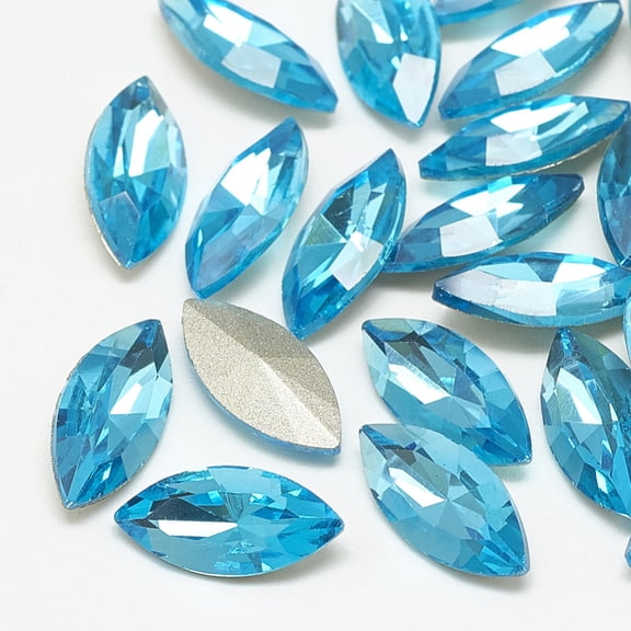 50pc Pointed Back Glass Rhinestone Cabochons Back Plated Faceted Horse Eye Aquamarine 15x7x4mm