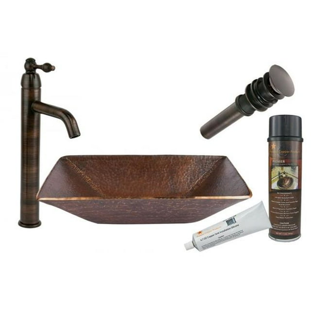 Premier Copper BSP1-PVMRECDB Modern Rectangle Hand Forged Old World Copper Vessel Sink With Oil Rubbed Bronze Single Handle Vessel Faucet