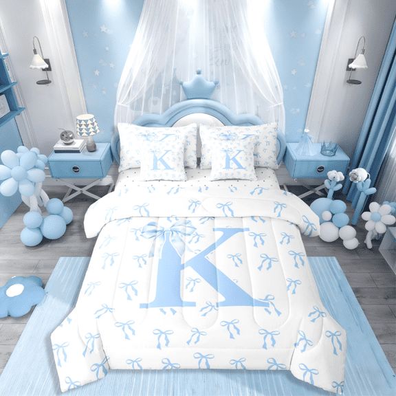 Castle Fairy Bowknot Alphabet K 7-Piece Twin Bedding Sets for Teens,Dreamy Princess Bedding Comforter Set,Kawaii Bow Breathable Sheet Sets,Breathable Home Decor