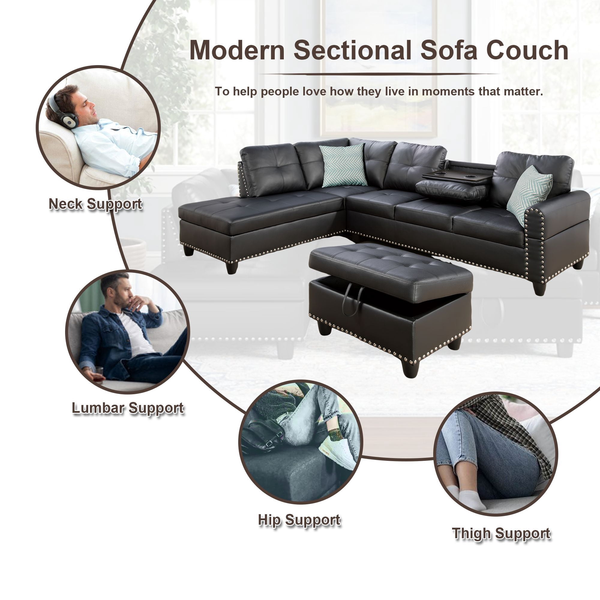 DEALTOPS L-Shaped Sectional Sofa Set with Storage Ottoman - Leather Upholsted Sofa Couch, Nailhead Trim, Black