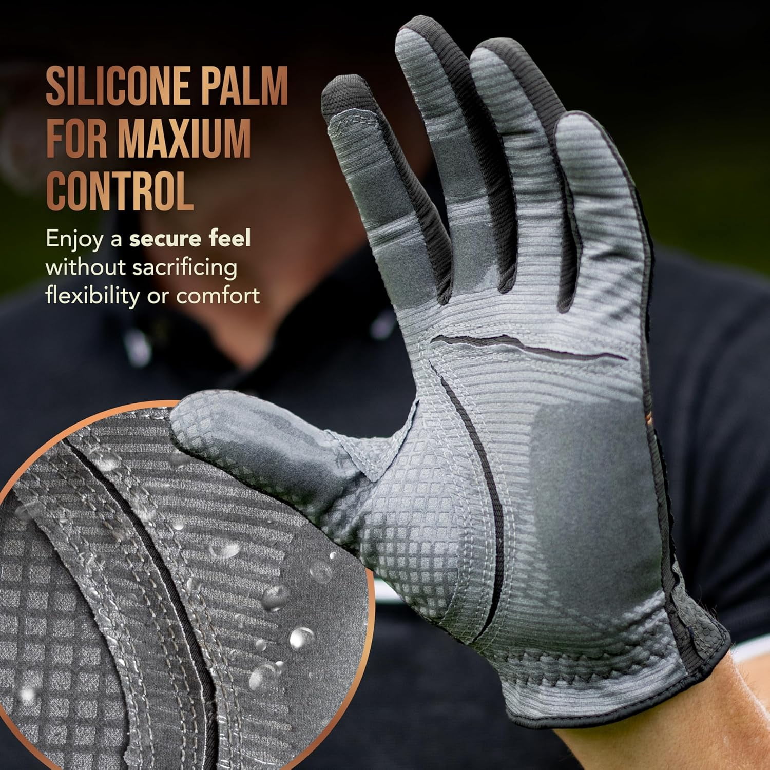 Copper Tech Golf Gloves Men (2 Pack)| Copper Compression Joint Support | Flexible & Comfortable Fit with AAA Leather (Charcoal Gray, Small, Left)