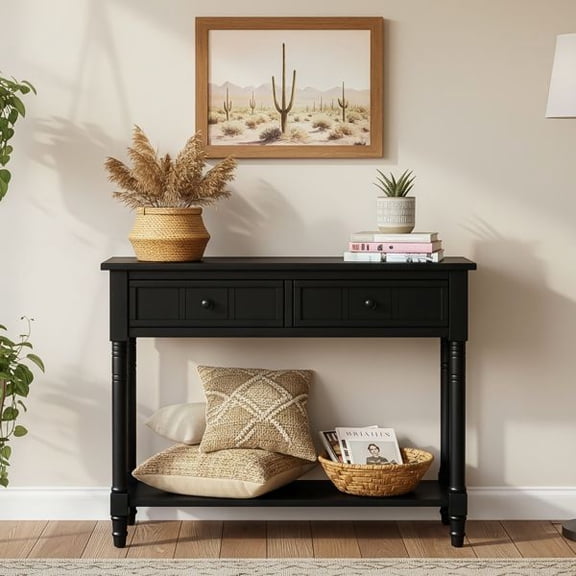 Traditional Console Table with 2 Drawers and Bottom Shelf, Solid Wood Entryway Table with Storage, Vintage Black Sofa Table for Living Room, Hallway, Dining Room