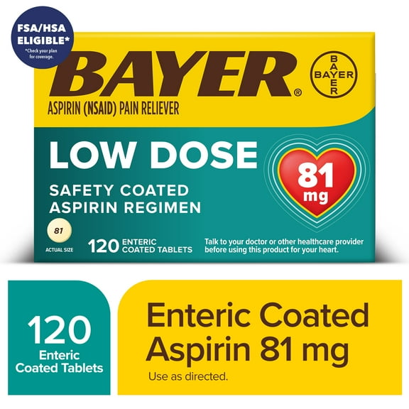 Bayer Aspirin Low Dose, 81mg, Pain Reliever Enteric Coated Tablets, 120 Count