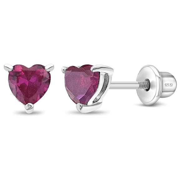 CZ Heart Solitaire Simulated Ruby Earrings Screw Back - Sterling Silver