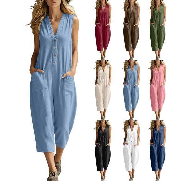 Women's Summer Cotton Sleeveless Cropped Jumpsuit Solid‑Color Loose Casual V‑Neck 7/8 Length One‑Piece Pants with Pockets Blue XL(XL)