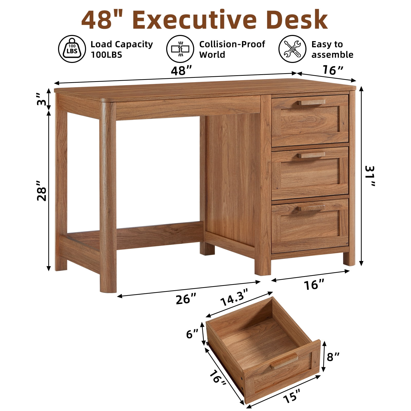 Leyaoyao 48" Computer Writing PC Desk Home Office with Storage Drawers, Modern Laptop Desk Workstation for Bedroom, Dark Wood