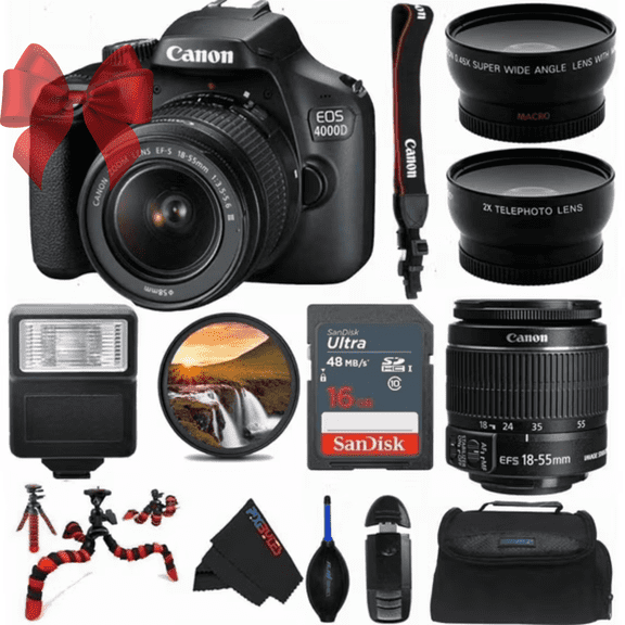 Canon EOS 4000D DSLR Camera with 18-55mm F/3.5-5.6 III Lens - Pixi Advanced Bundle (International Version)