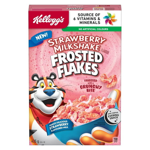 Boîte de Céréales Saveur Milkshake à la Fraise Frosted Flakes® de Kellogg's Montrant Tony le Tigre Tenant un Bol Bleu Rempli de Flocons Givrés et de Lait Rose à Saveur de Fraise, une source de 6 Vitamines et Minéraux Sans Colorants Artificiels, Givré avec une Bouchée Croquante, Convient Aussi comme Collation de Soirée Amusante.