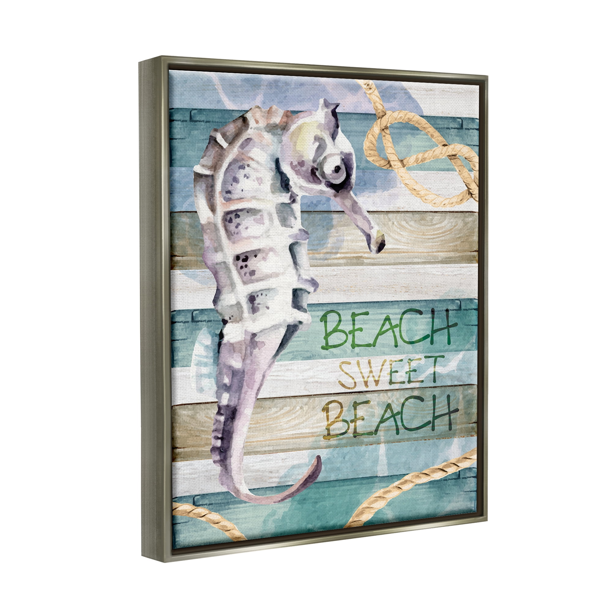 Stupell Sweet Beach Seahorse Nautical Rope Landscape Painting Gray Floater Framed Art Print Wall Art
