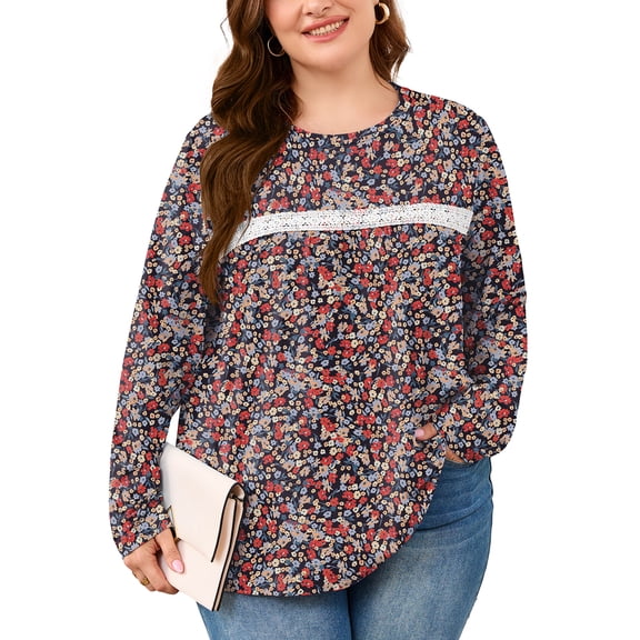 SHOWMALL Women's Plus Size Floral Top, Long Sleeve Lace Crew Neck Boho Tunic Blouse, Casual Retro Print Shirt, Retro Floral, 3X