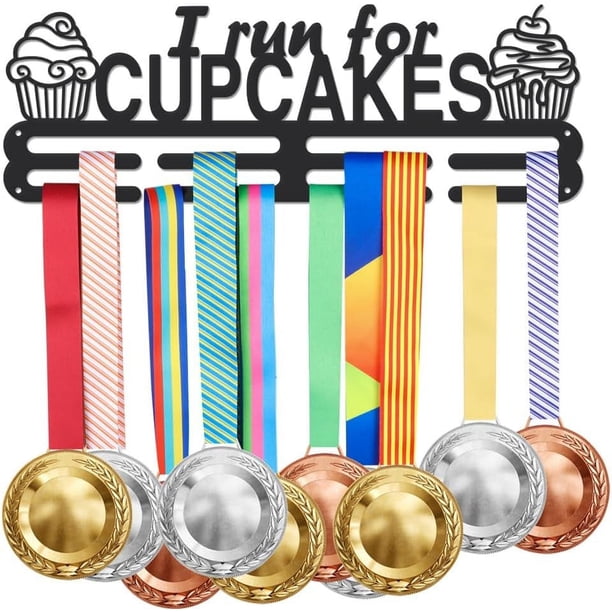 Soporte para medallas deportivas, exhibidor "Corro por cupcakes", colgador para medallas de running, cuerda para medallas de running, cordón metálico resistente, soporta hasta 10-15 kg