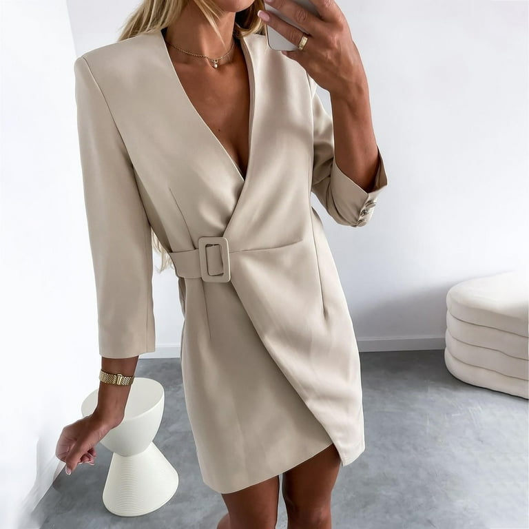USSUMA Women Swing Midi Shift Dresses Long Sleeves Womens Dresses For Wedding Guest Casual Fall V Neck Evening Cocktail Sundress Ruffles Wrap Sun