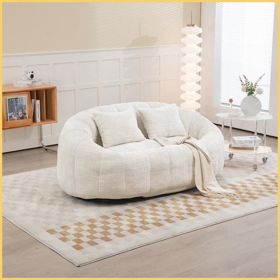 Beige Chenille Two-Seater Lazy Sofa | High-Density Foam Lounger for Living Room | Comfortable Accent Floor Couch
