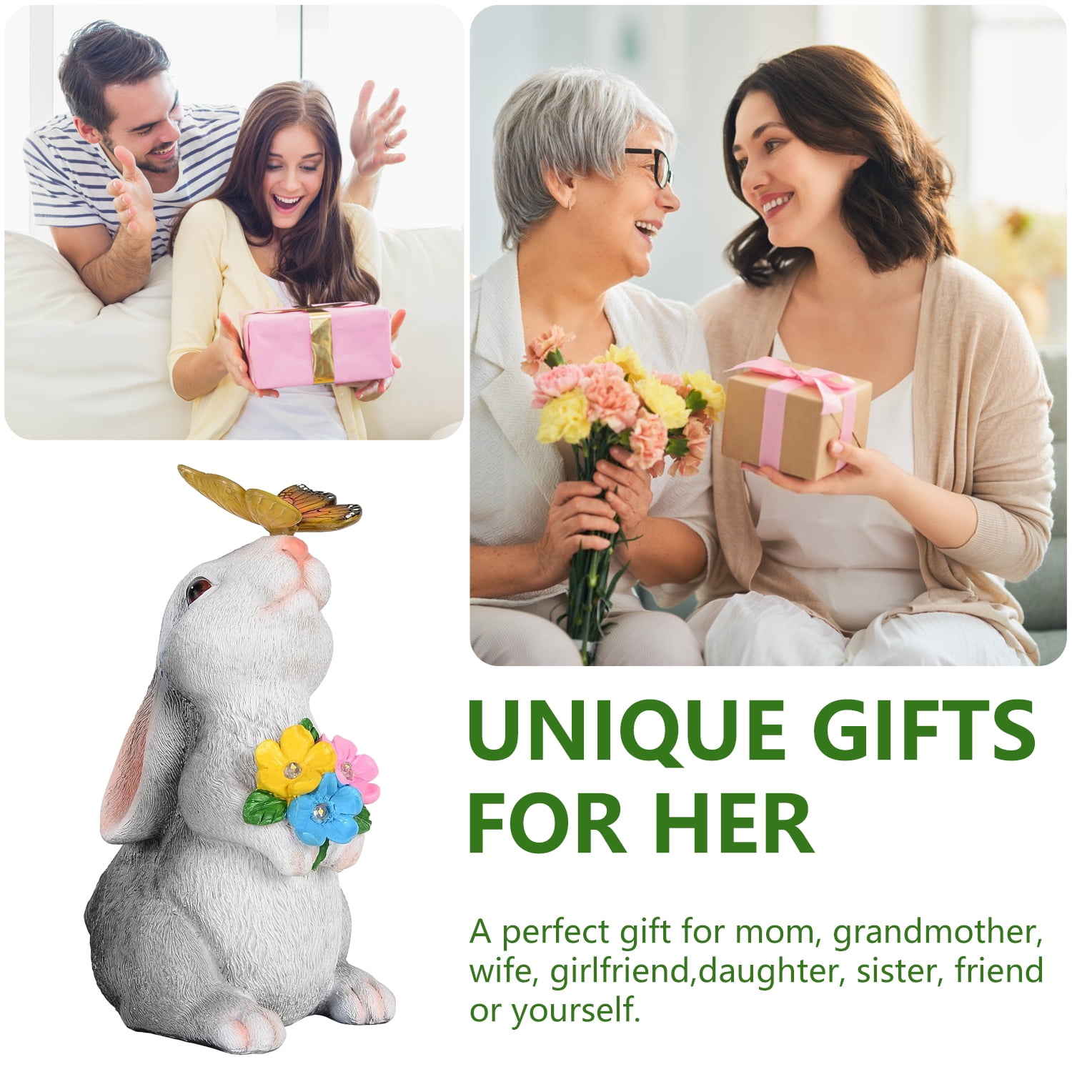 Rirool Solar Rabbit Garden Statue with LED Lights & Butterfly - Hand-Painted Outdoor Decor for Lawn, Patio - Waterproof Easter Gift for Women, Mom