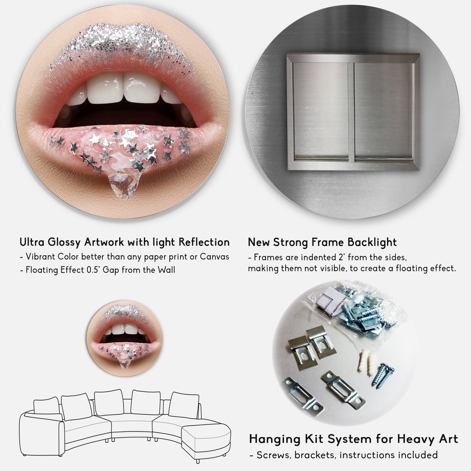 Designart 'Woman Lips With A Gel On The Lips & Stars' Modern Circle Metal Wall Art 36x36 - Disc of 36