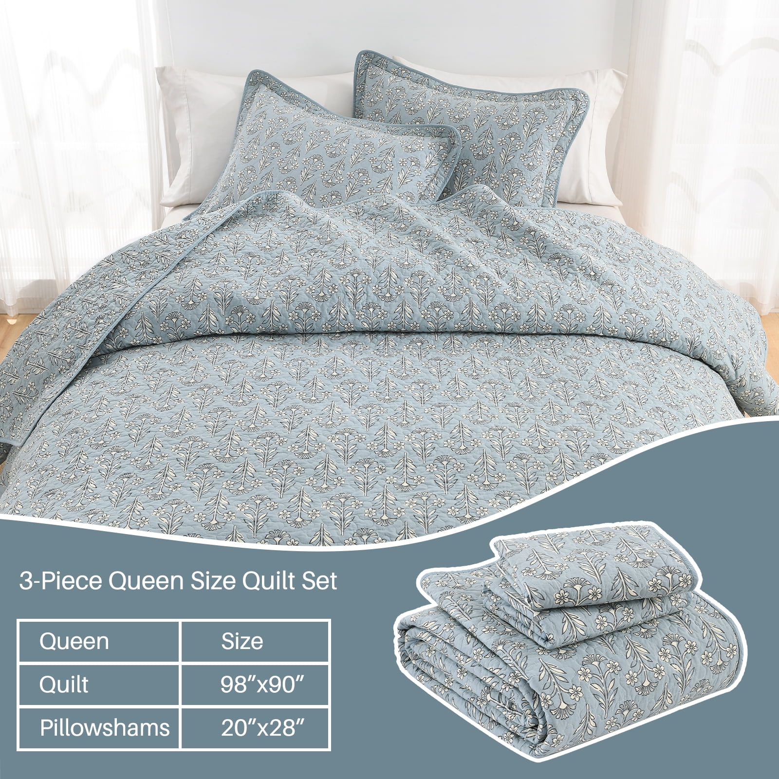 Bedduvit Dusty Blue Floral Quilt, 100% Organic Cotton Queen Size Quilt Set, Lightweight Quilted Bedspread for Queen Bed, Elegant Modern All Season 3-Piece Spring Summer Comforter Bedding Set, 98"x90"