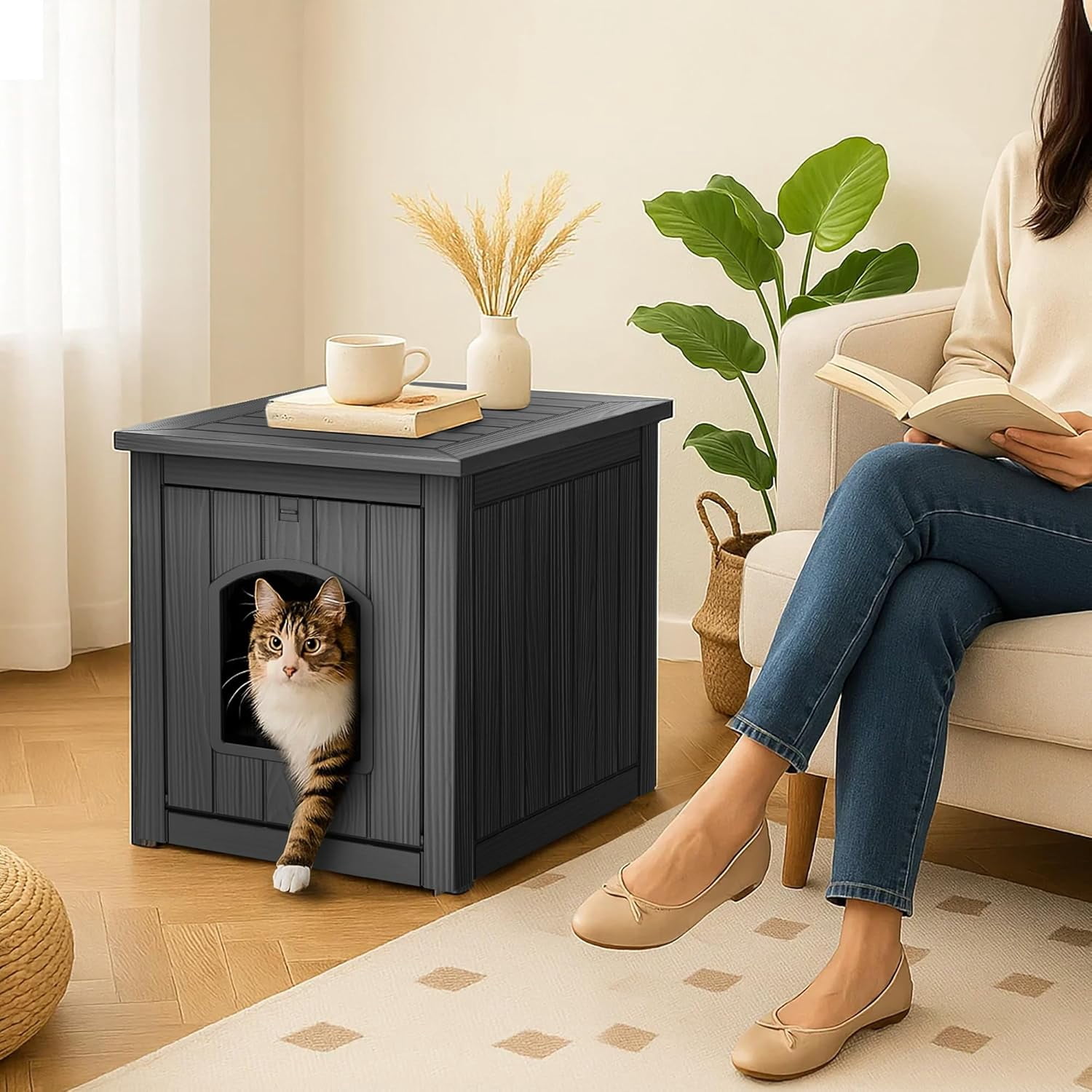 LEHOME Outdoor Cat House -Weatherproof Resin Cat Houses for Cats, Durable, Easy Assembly,cat Igloo Outdoor，Durable & Insulated Shelter for Garden, Patio, or Backyard（Black，18.46 * 23.62 * 21.42）