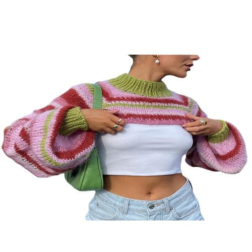 Women Y2k Knitted Smock Long Sleeves Shrugs Sweater Striped