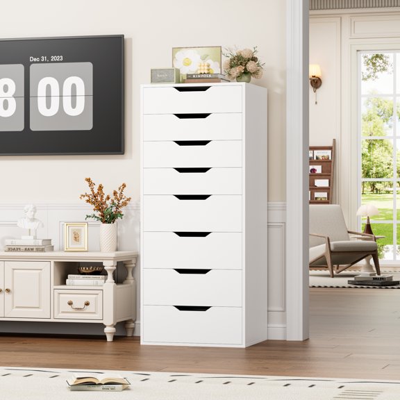 Homfa Compact 8 Drawer Bedroom Dresser for Small Spaces, Wood Tall Chest of Drawer, White