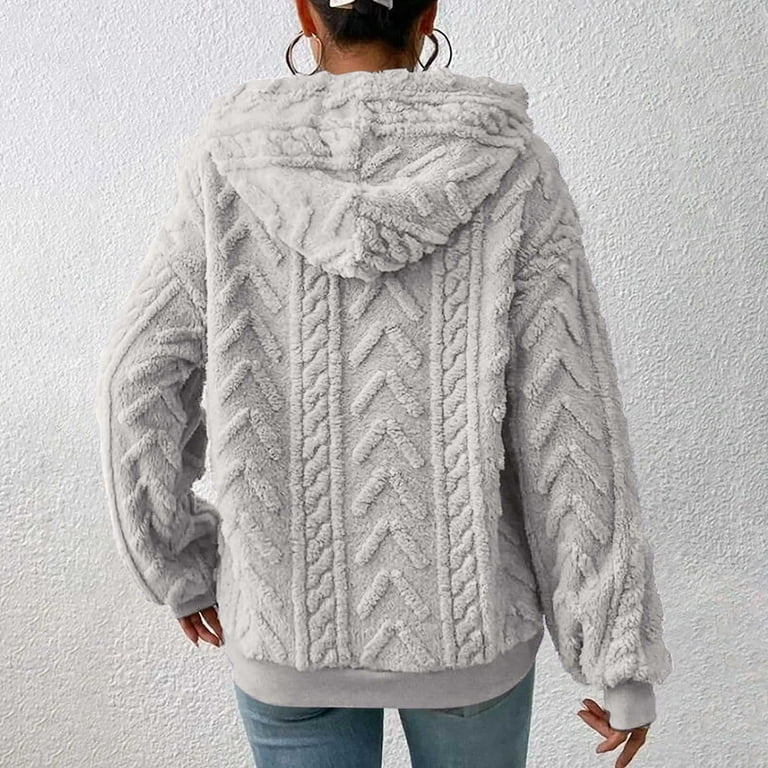 TQWQT Hoodies for Teen Girls Fuzzy Fleece Hoodie Women s Casual Jacquard Sweaters Long Sleeve Fashion Sherpa Pullover Jackets Top Light Gray S