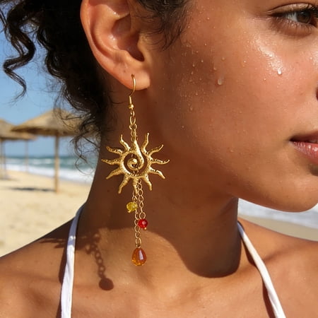 NICKSUN Stainless Steel 18K Gold Plated Bohemian Sun Spiral Tassel Earrings with Colorful Beads and Crystals, Boho Sunshine Statement Earring Prom Holiday Jewelry