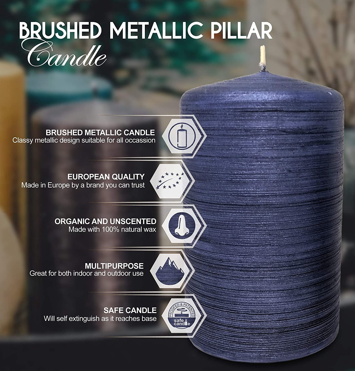 Hyoola, 2.75 x 5 Unscented Navy Blue Brushed Metallic Rustic Pillar Candles, Paraffin Wax with Cotton Wicks, 6-Pack