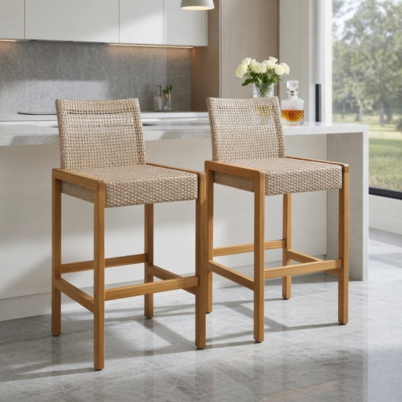 Resenkos Set of 2 Rattan Patio Wood Barstools Dining Chairs with Backrest, Brown