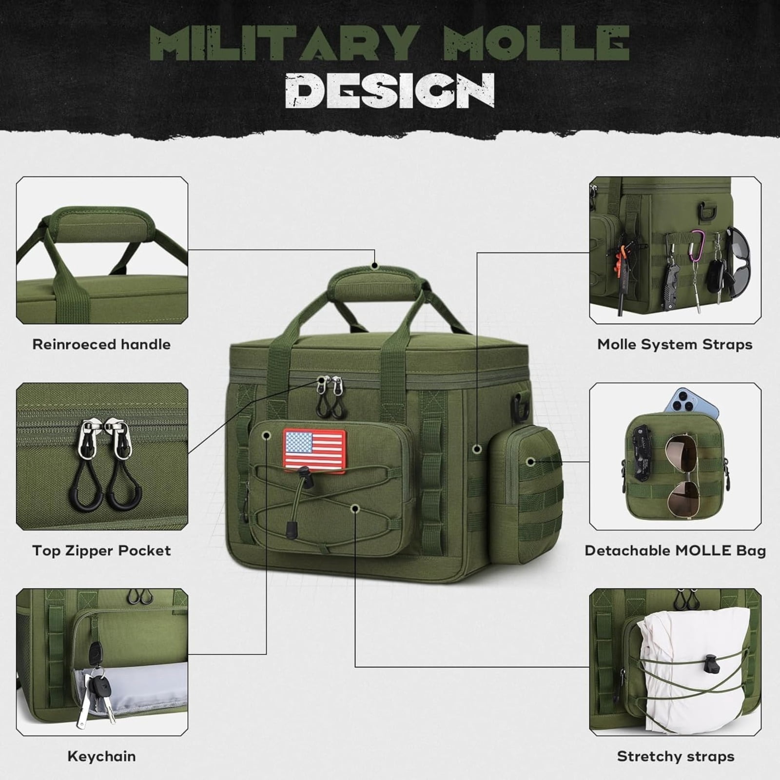 Tactical Lunch Box for Men with 5 Slim Ice Packs, 15L Insulated Cooler Bag with MOLLE Pouch