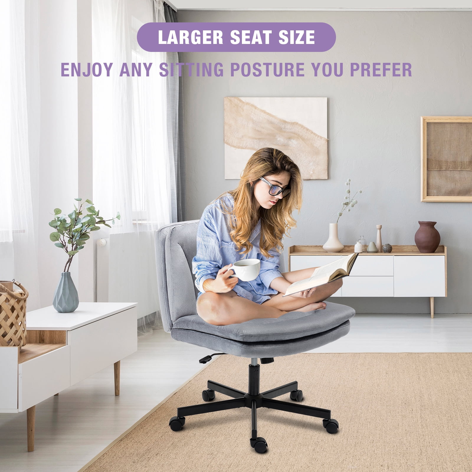 Criss Cross Legged Chair Ergonomic Home Office Desk Chair with Casters, Armless Wide Comfy Computer Task Seat Swivel Rolling Vanity Chair with Height Adjustable and Rocking Function, Gray