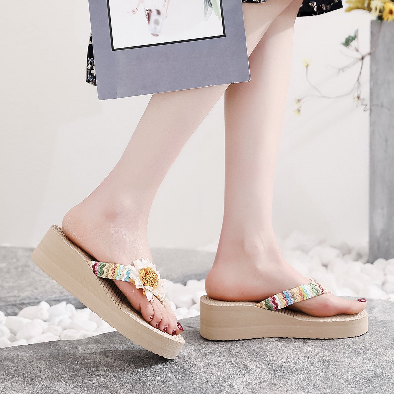 Dressy Flat Sandals for Women Weave Beach Breathable Sandals Home Slipper Flower Flip Flops Wedges Shoes Adidas Sandals Women on Clearance Walmart