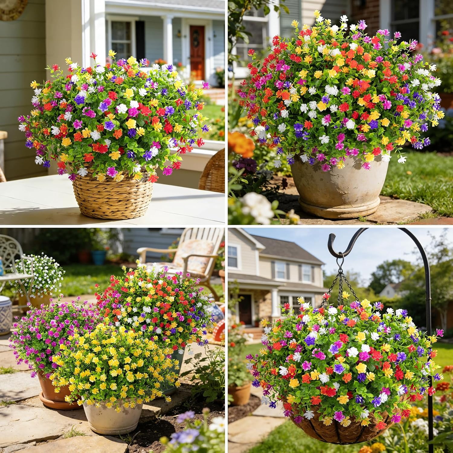 24 Bundles Artificial Flowers for Outdoors Decoration Fake UV Resistant Faux Plastic Greenery Eucalyptus Plants Spring Summer Garden Patio Indoor Outdoor Home Decor, Multicolor