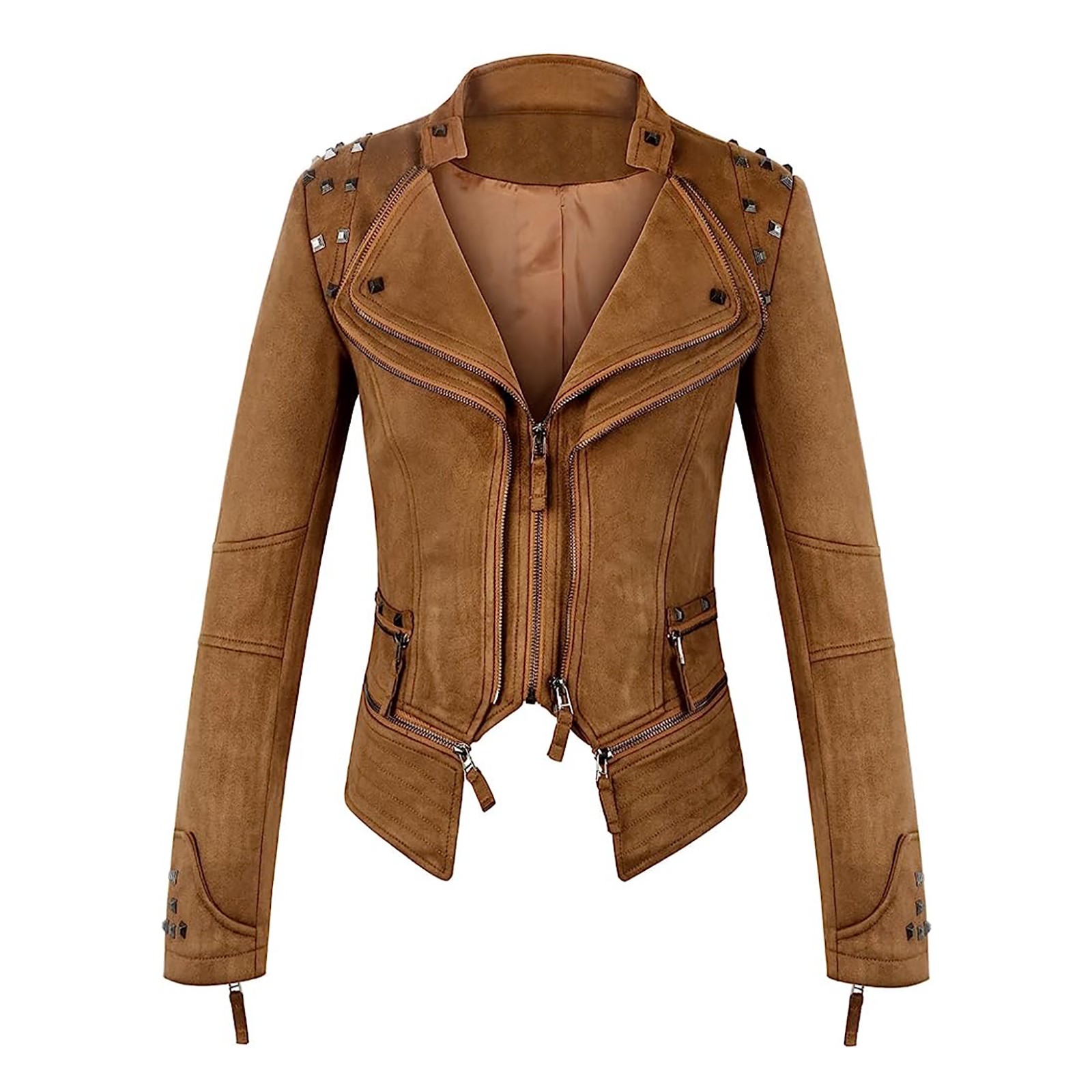 Feancey Womens Faux Leather Biker Jacket Slim Fit Fashion Studded Moto Coats Full Zip Lightweight Windbreaker Outerwear with Pockets Coffee S