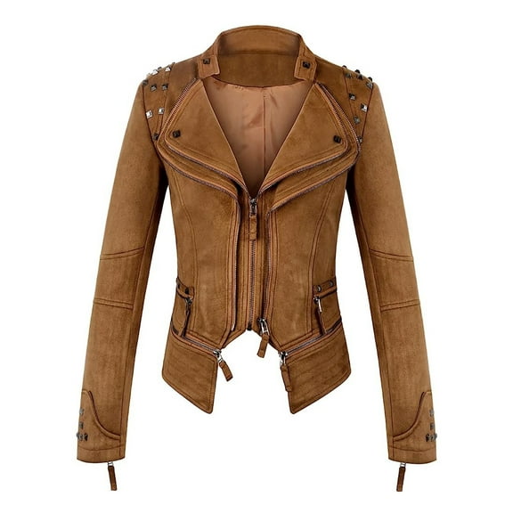 AOOCHASLIY 2023 Women Tops Women's Leather Long Sleeved Short Lapel Jacket Jacket Jacket