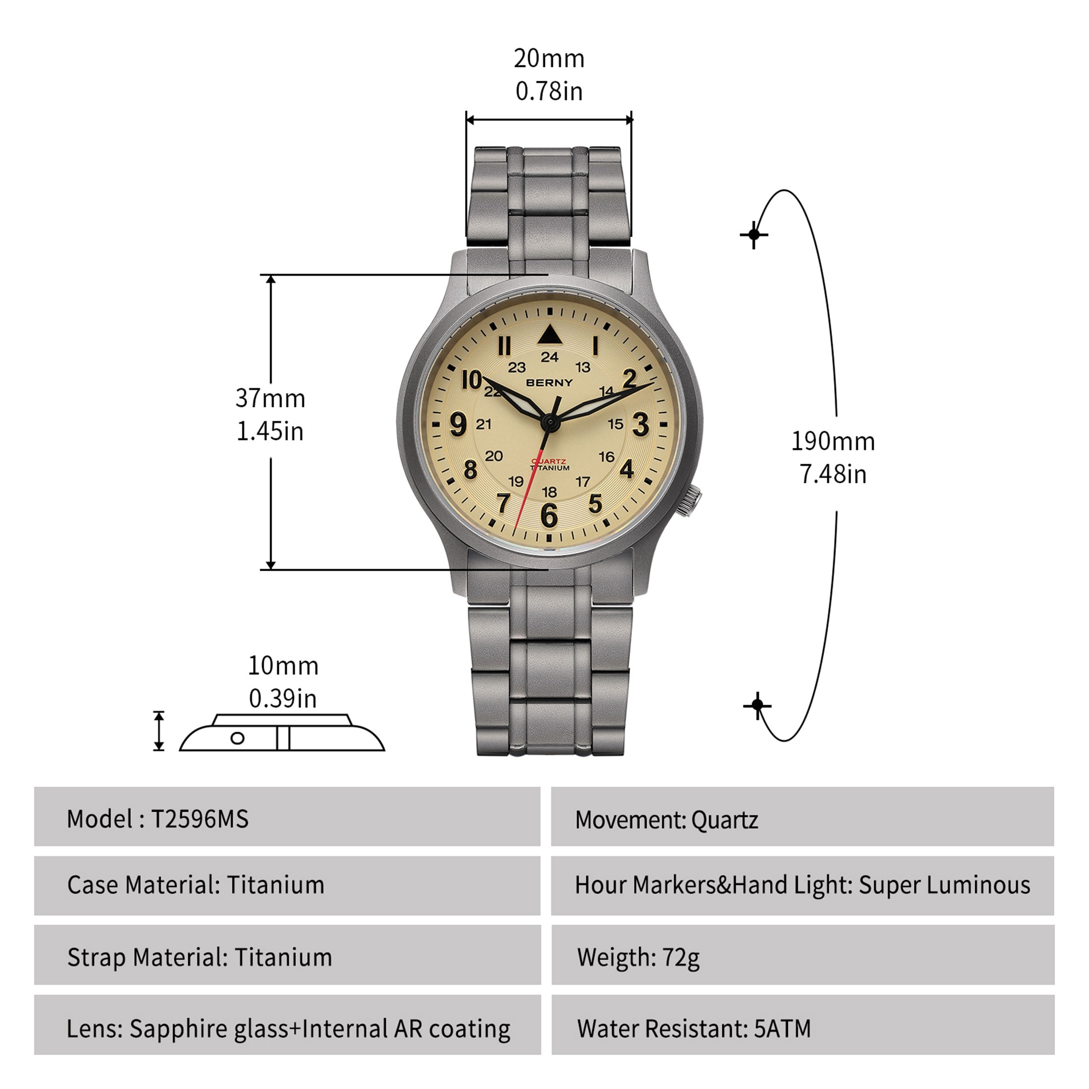 BERNY Titanium Watches for Men, Japanese Quartz Movement Men's Field Watch, 5ATM Waterproof Military Wristwatch for Men, Analog Sport Watches with Super Luminous, Beige