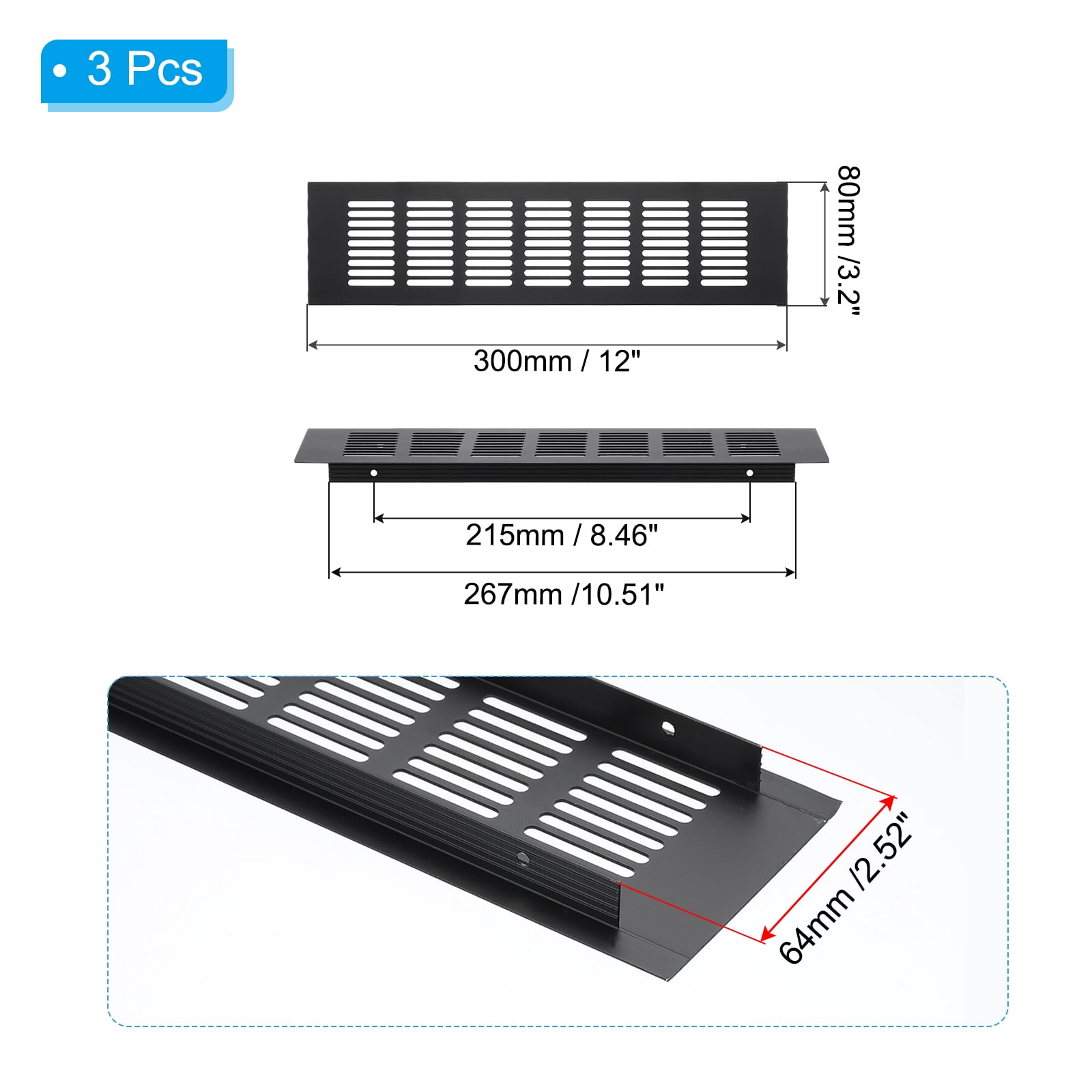 Uxcell 12"x3.2" Rectangle Air Vent Cover 3pcs Door Grille Ventilation Cover Louvered with Screws for Cabinet Black