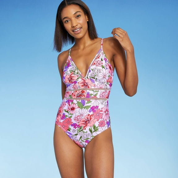 Kona Sol Women's ladder Trim Medium Coverage One Piece Swimsuit Medium Multi-Color Floral