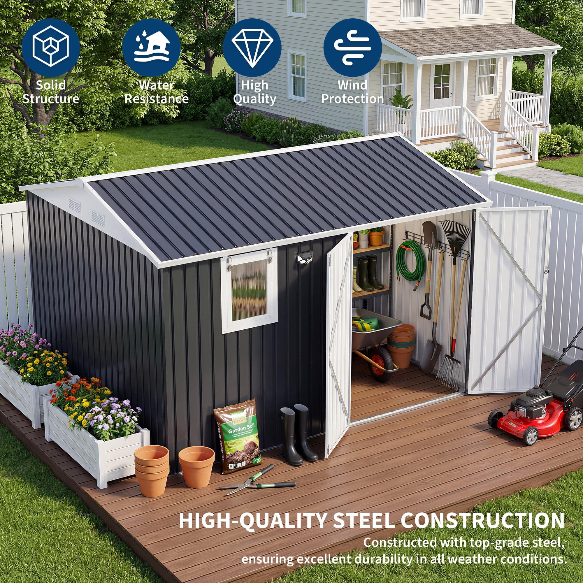 YODOLLA Outdoor Open-Sided Storage Shed with Hardtop Pergola 14x4