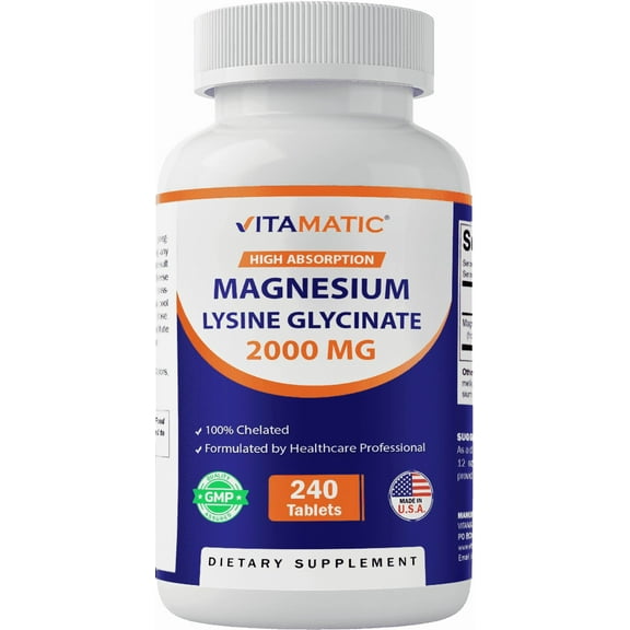 Vitamatic Magnesium as Glycinate Lysinate – 240 Tablets – 100% Chelated Magnesium - Supports Muscle Relaxation, Heart, Nerve Health* – Non-GMO, Gluten & Soy Free