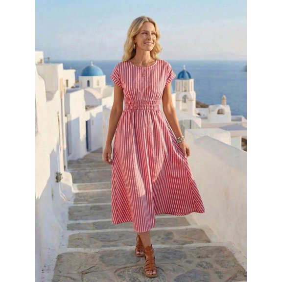 Womens Red Striped Ruched Waist Short Sleeve Vacation Midi Sundress