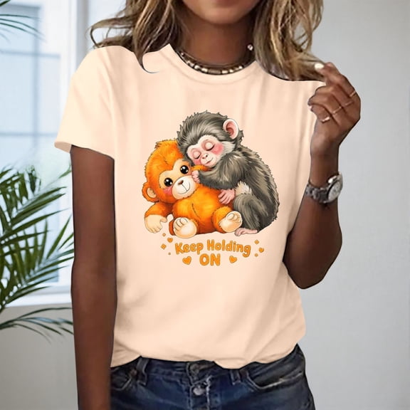 Spring T Shirts for Women Japanese Internet Monkey Graphic Round Neck Tops Casual Short Sleeve Fashion Vacation Tees