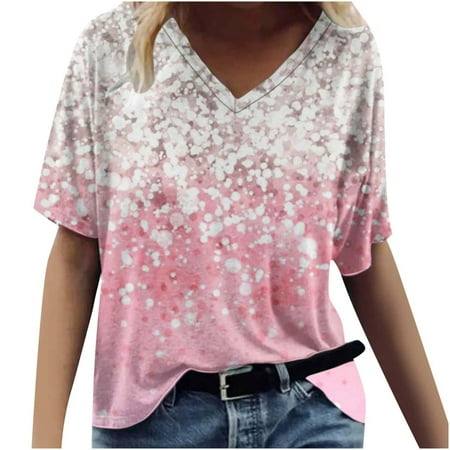 

Bospose Short Sleeve Shirt Girl Girls V-Neck Shirt Pink Bustier Top Fashion Woman Causal Print Blouse T-Shirt Summer Tops Lady T-Shirt Top M